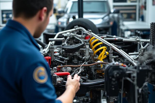 Tecnico specializzato che lavora con attenzione su un telaio di un'auto da corsa, regolando i componenti delle sospensioni